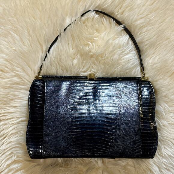Vintage 50s 60s Black Lizard Top-handle Structured Purse Luxury Handbag MCM Glam - Picture 2 of 16